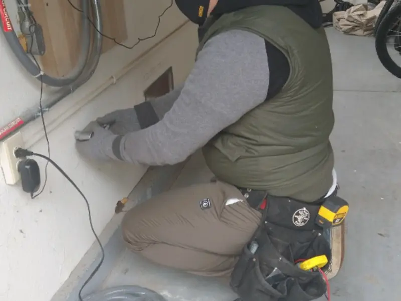Electrician performing outlet wiring in a River Ridge garage